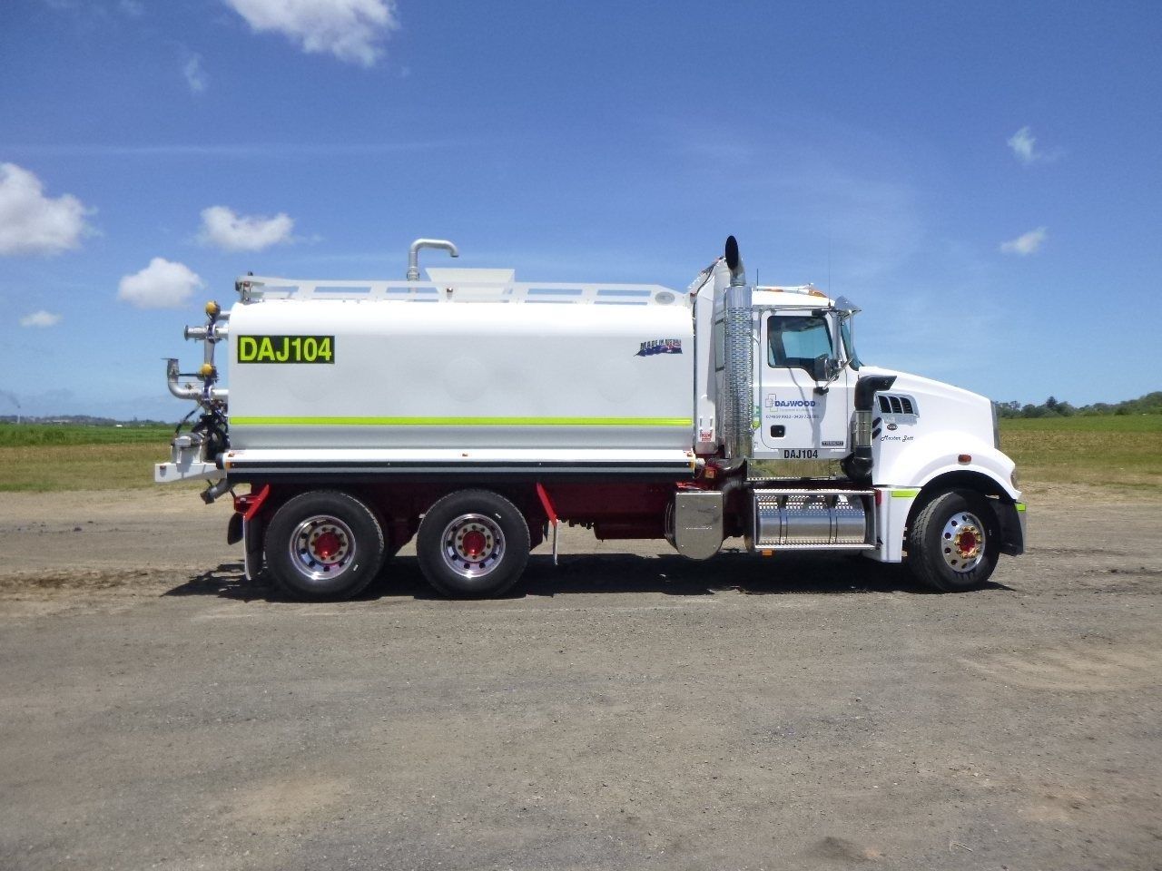 A white truck is parked on the side of the road.