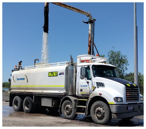 A mack truck is being loaded with water