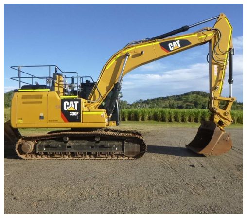 A yellow cat excavator is parked in a dirt field