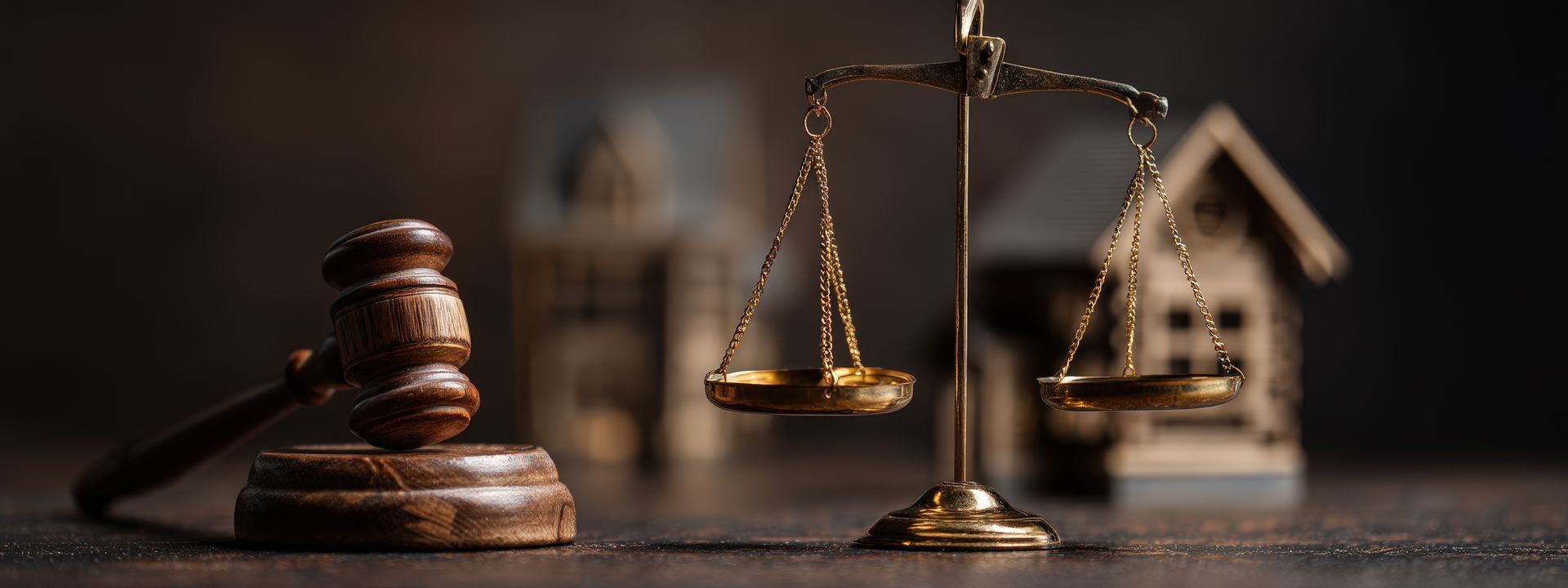 Justice scales, a gavel, & a house model representing real estate with an estate planning attorney.