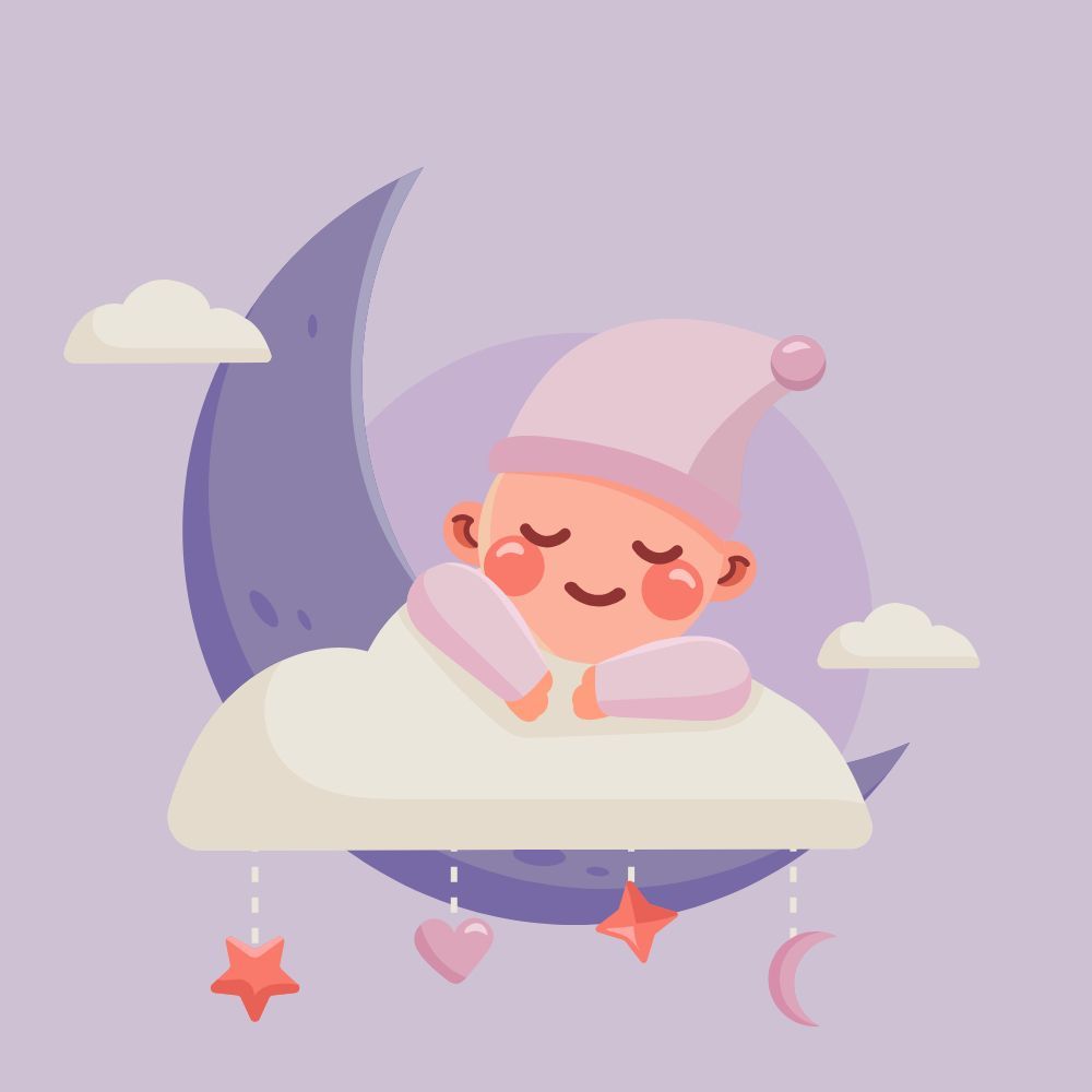 Bebé durmiendo con gorro rosa sobre una nube, luna de fondo, colores pastel.