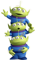 Tres extraterrestres verdes con trajes azules apilados uno sobre el otro