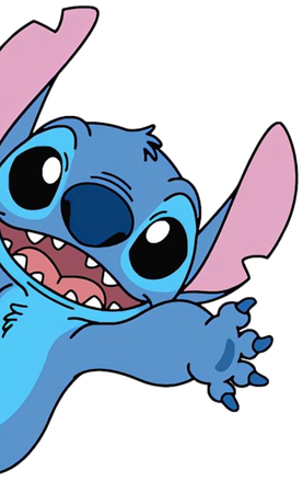 Stitch, el extraterrestre azul, sonríe ampliamente con los brazos en alto, luciendo feliz.