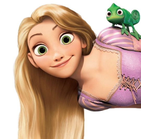 Rapunzel con largo cabello rubio, sonriendo con Pascal el camaleón en su hombro.