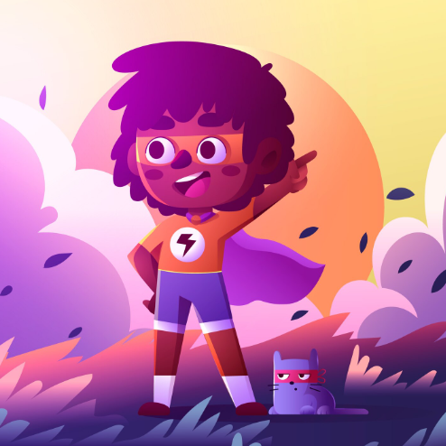 Niño superhéroe con capa, camisa naranja y máscara señala el cielo, con un gato enmascarado al atardecer.