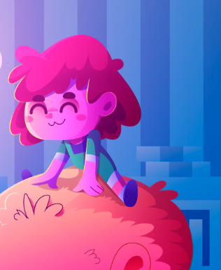 Un niño sonriente con cabello rosa se sienta sobre una cabeza grande y redonda