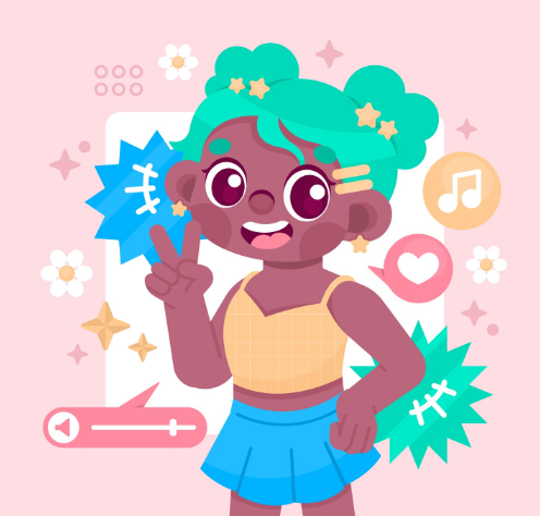 Chica de dibujos animados con cabello verde azulado, haciendo un signo de paz