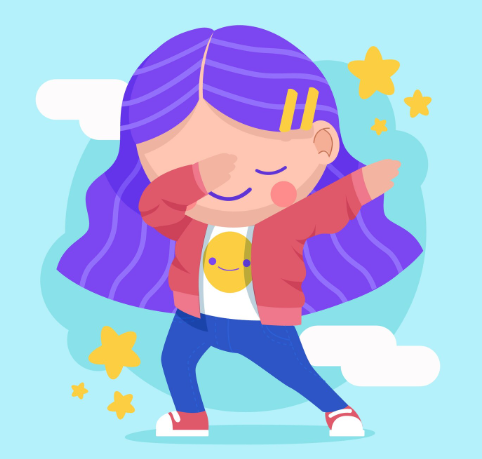 Chica con cabello morado haciendo dabbing