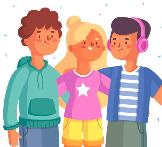 Tres adolescentes sonrientes, abrazados. La chica de rosa y amarillo, los chicos de azul.