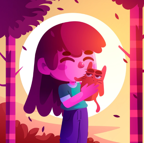 Chica en un bosque con un gato, sonriendo. Iluminación suave, colores del atardecer.