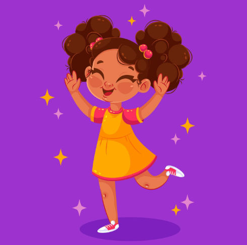 Una alegre niña de piel oscura, con un vestido amarillo y coletas, salta con los brazos en alto, estrellas en el fondo.