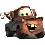 Camión de remolque Mater de Cars con pintura marrón oxidada y una amplia sonrisa.