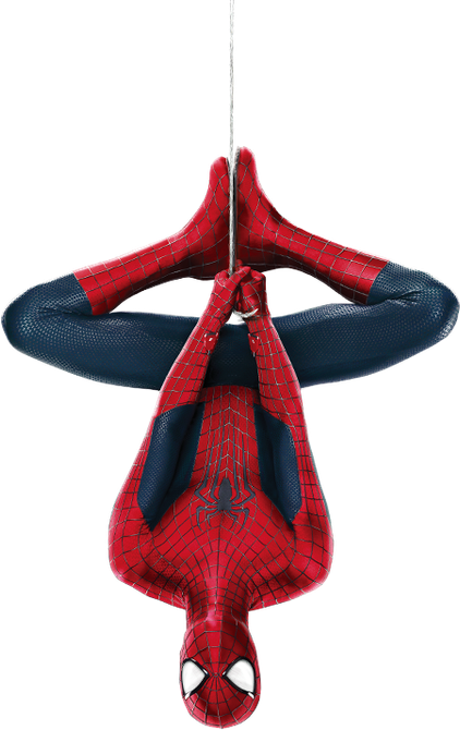 Spider-Man con traje rojo y azul, colgando boca abajo de una red.