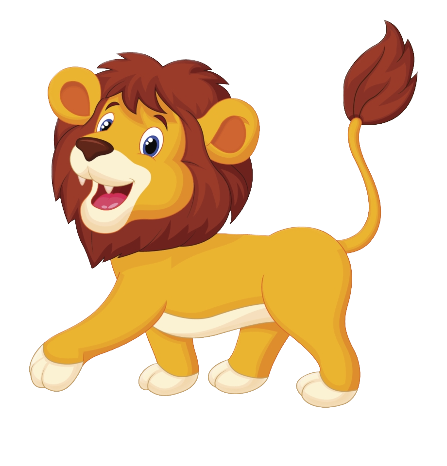 A cartoon lion cub is sitting down and smiling on a white background.