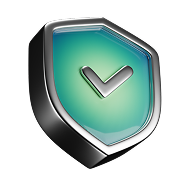 Silver shield with a green center and a checkmark, symbolizing protection and security.