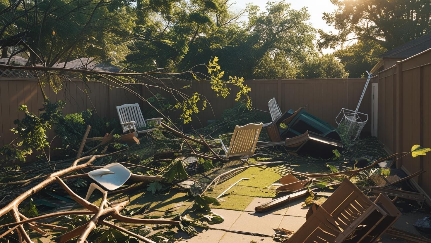 There is a lot of trash in the backyard of a house.