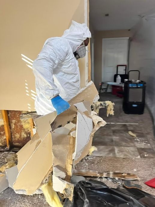 Person in protective suit removes damaged wall material in a room.