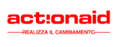 Un logo actionaid rosso e bianco su uno sfondo bianco