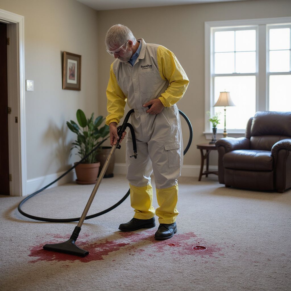 Person in protective suit cleaning a red stain on carpet in a living room.