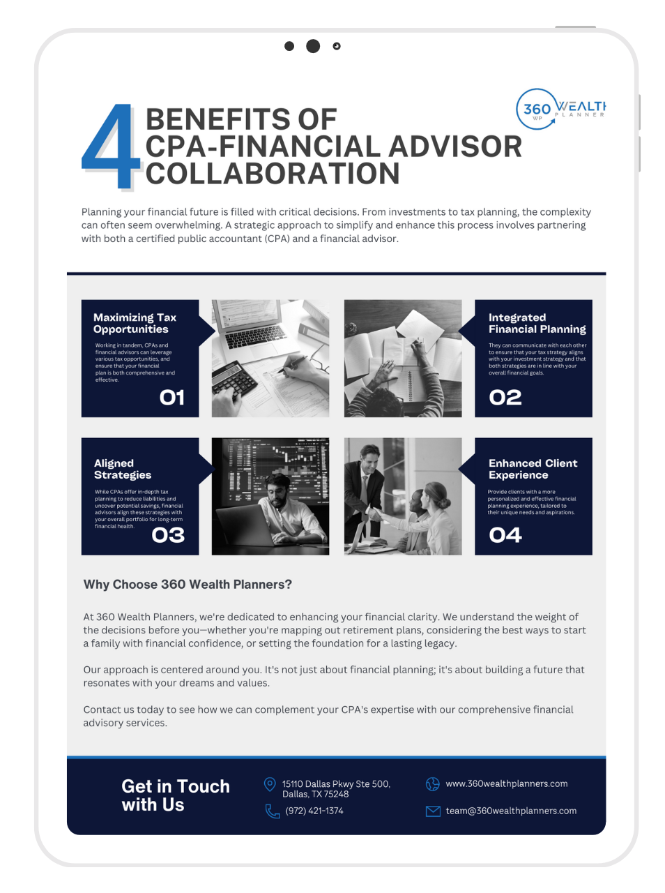 a tablet with a brochure on it that says ``4 benefits of cpa-financial advisor collaboration '' .