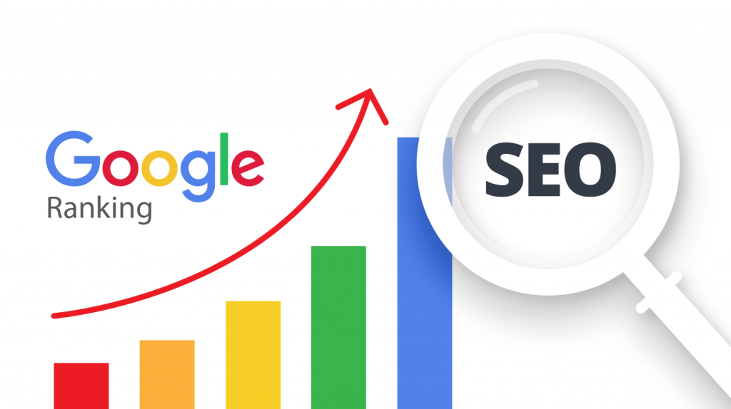 A google ranking graph with an arrow going up and a magnifying glass.