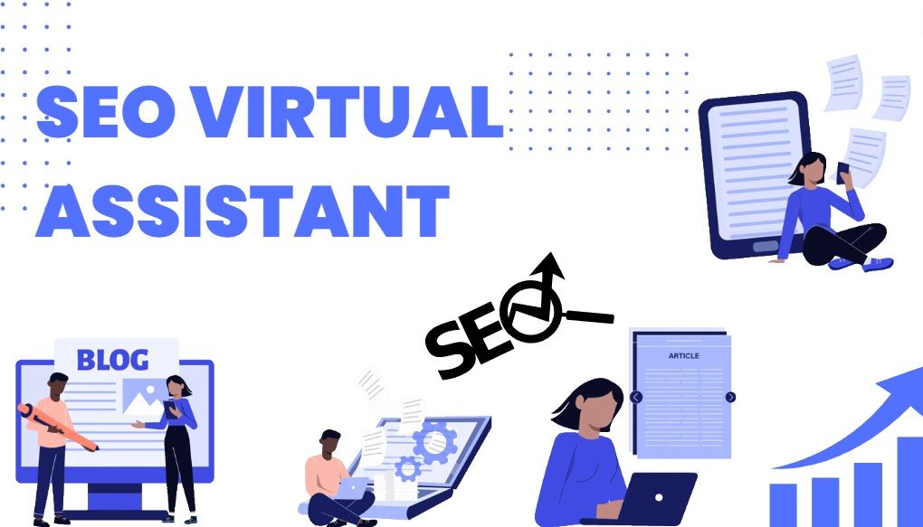 A poster for a seo virtual assistant with a woman sitting on the floor using a laptop.