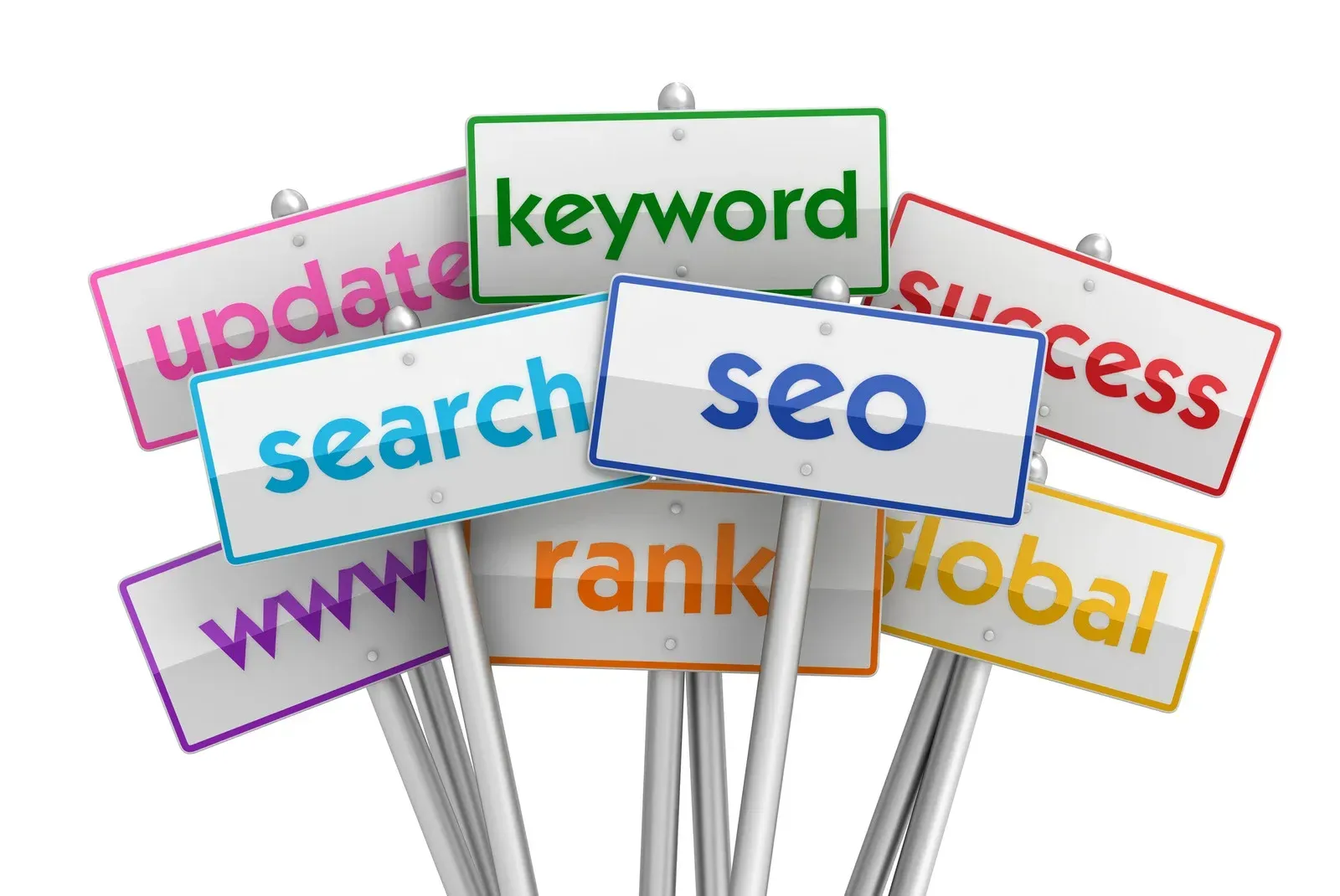 A bunch of signs with one that says seo on it