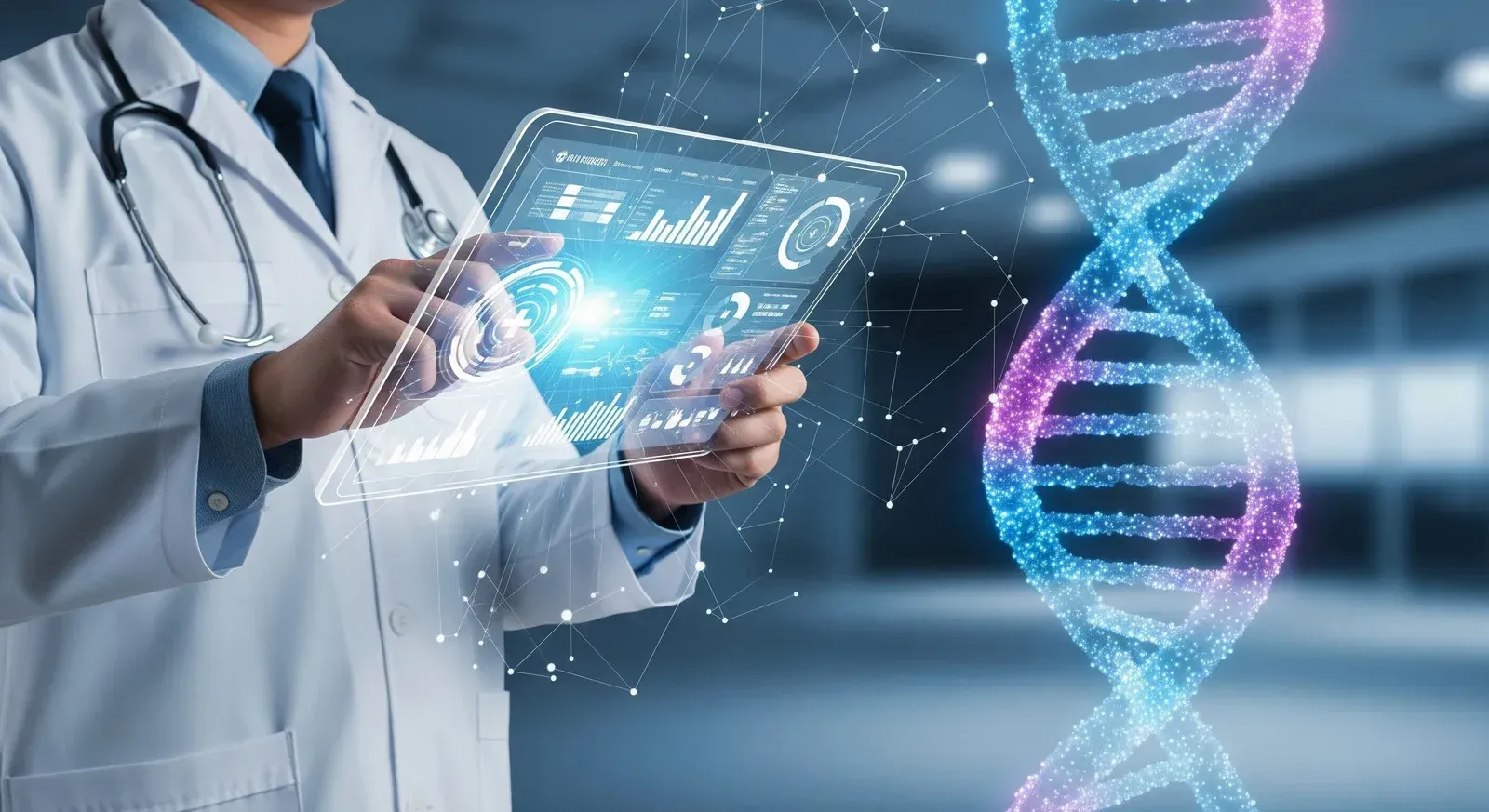 Doctor with tablet, DNA strand graphic, futuristic technology, and data analysis.
