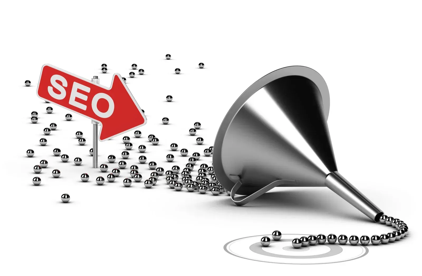 Red SEO arrow pointing at a funnel, with metal spheres entering and exiting, representing conversion.