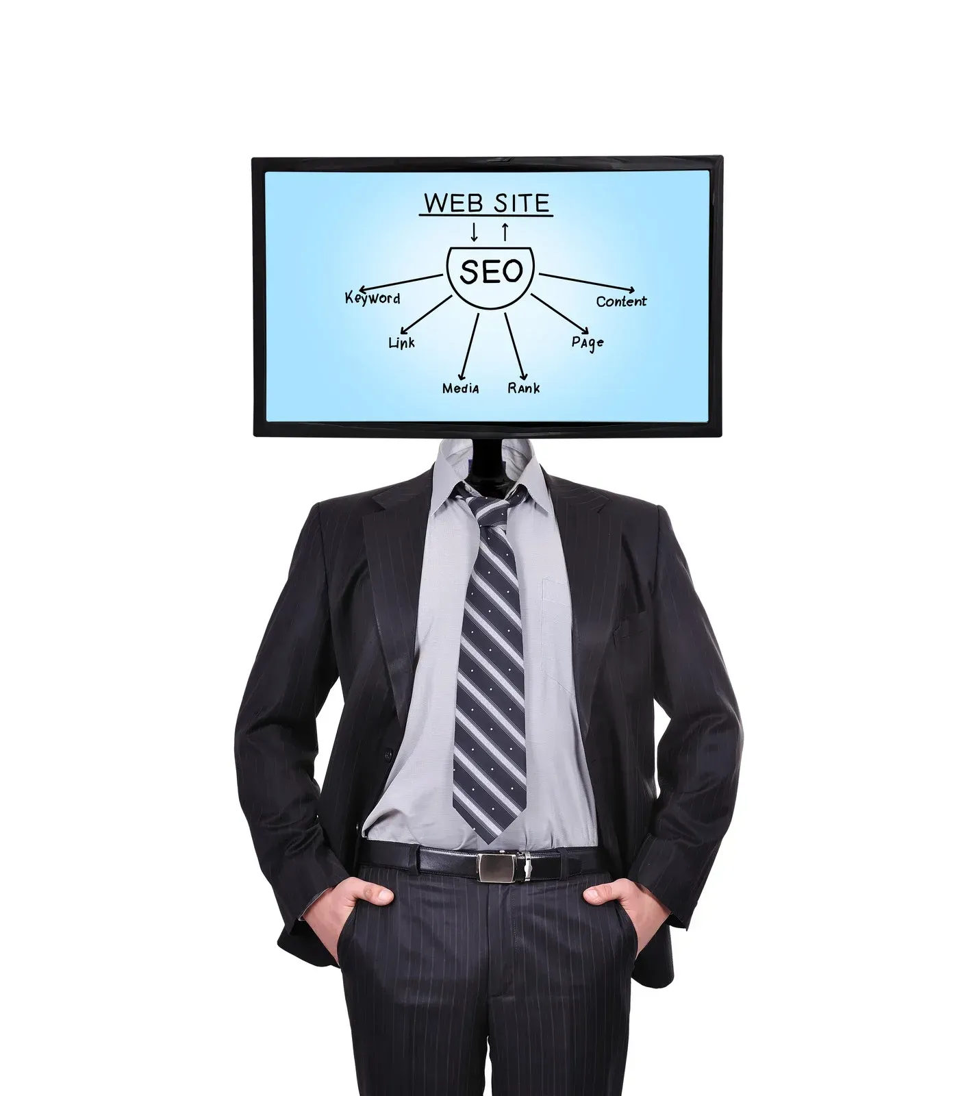 A man in a suit and tie has a computer monitor instead of a head