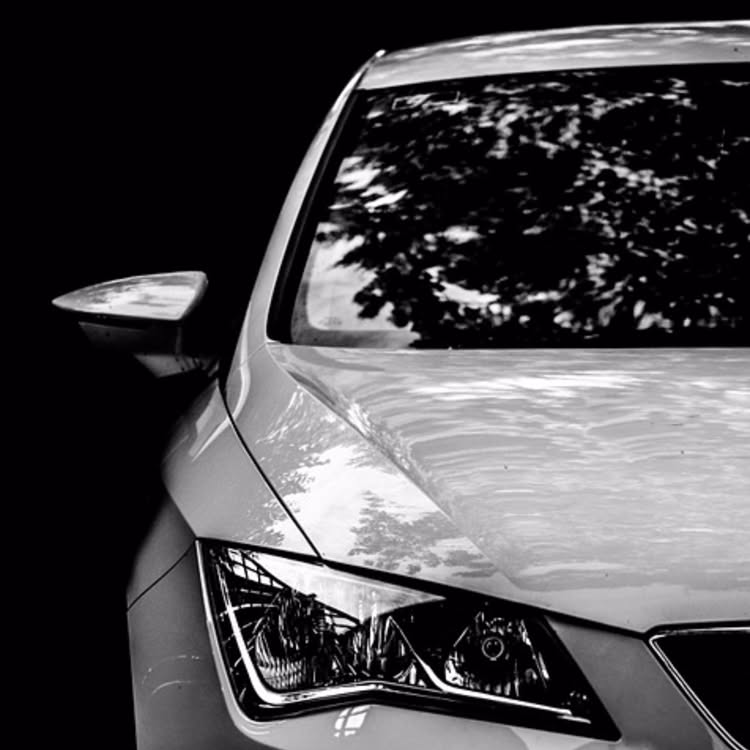 Black and white close-up of a modern car's front. Tree reflection visible in the windshield.
