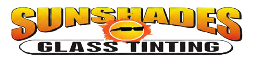 Logo for Sunshades Glass Tinting, featuring text and a sun icon with sunglasses.