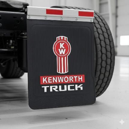 Logotipo de camión Kenworth sobre fondo negro, con logotipo rojo y blanco. Texto