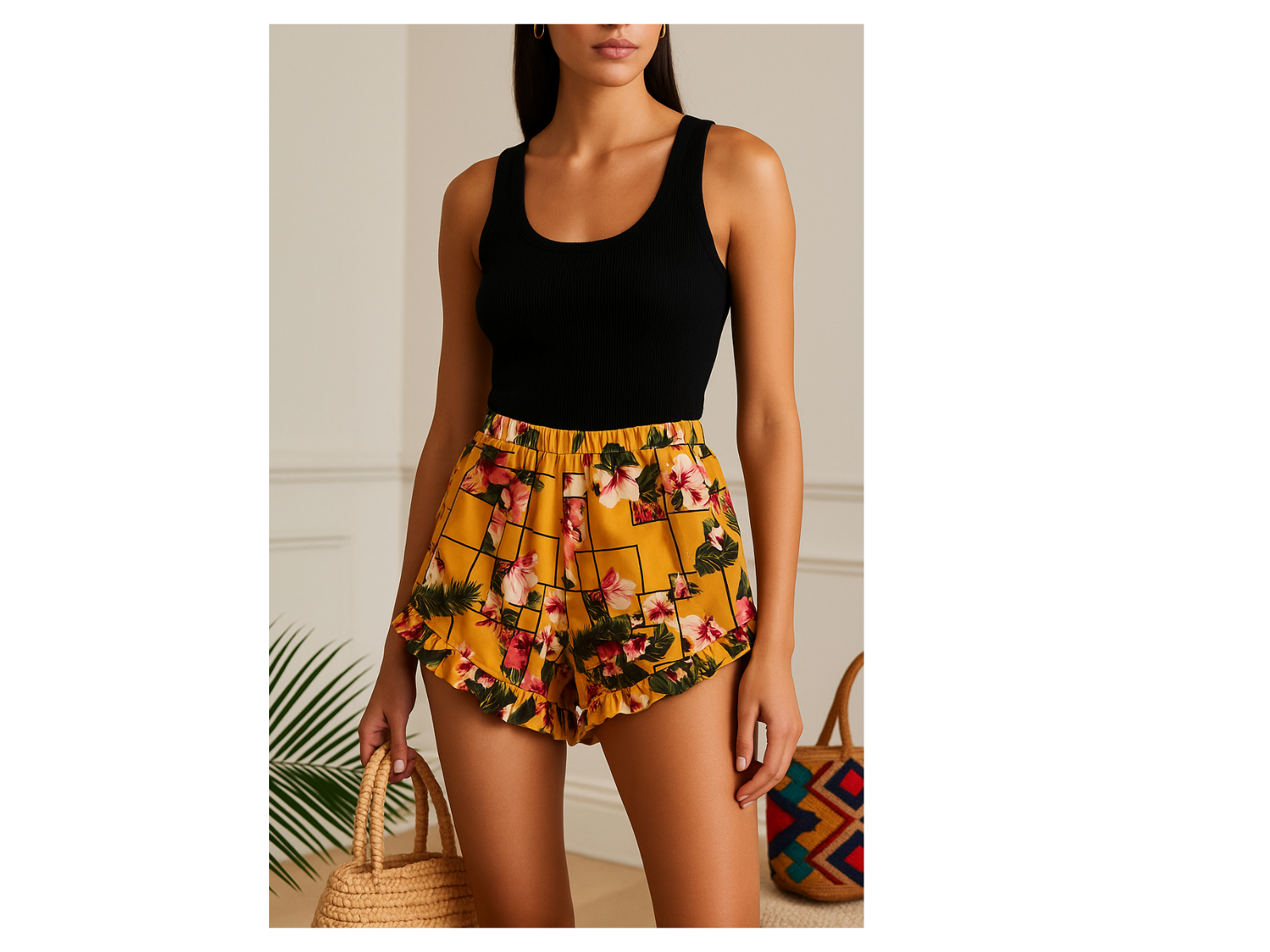 Shorts con estampado floral amarillo y bordes con volantes.