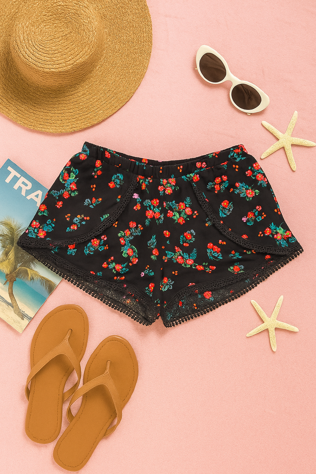 Shorts con estampado floral rosa y ribete de encaje.