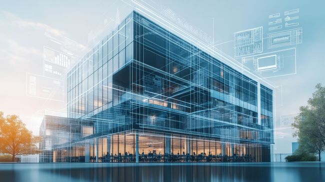 An architectural rendering of a futuristic office building with a lot of windows.