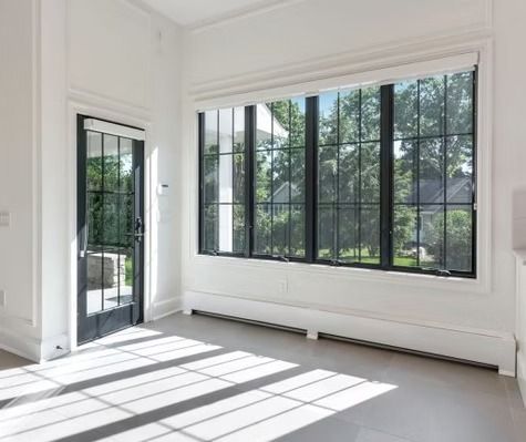 A room with a lot of windows and a door.