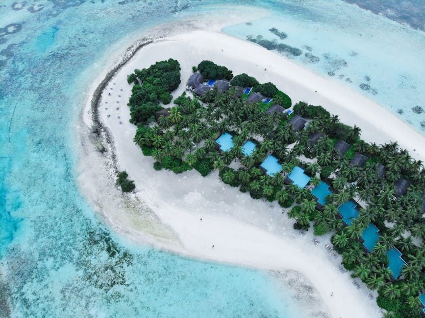 Aerial view of a tropical island with white sand, turquoise water, and bungalows surrounded by palm trees.