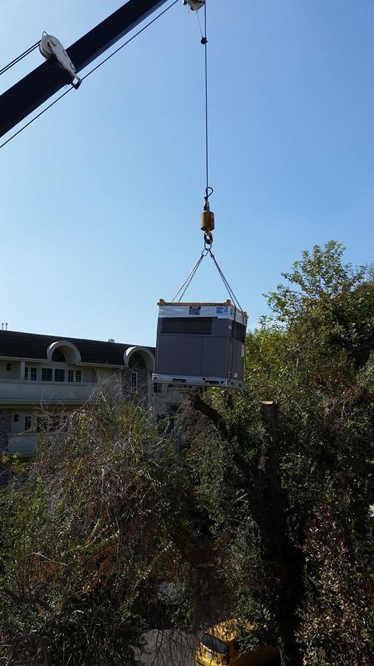 Crane lifting a large, grey industrial unit against a blue sky, over trees and a building.