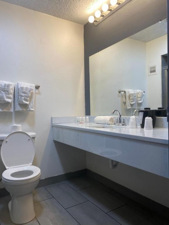 Bathroom with white toilet, vanity, large mirror, and towels; gray and white color scheme.
