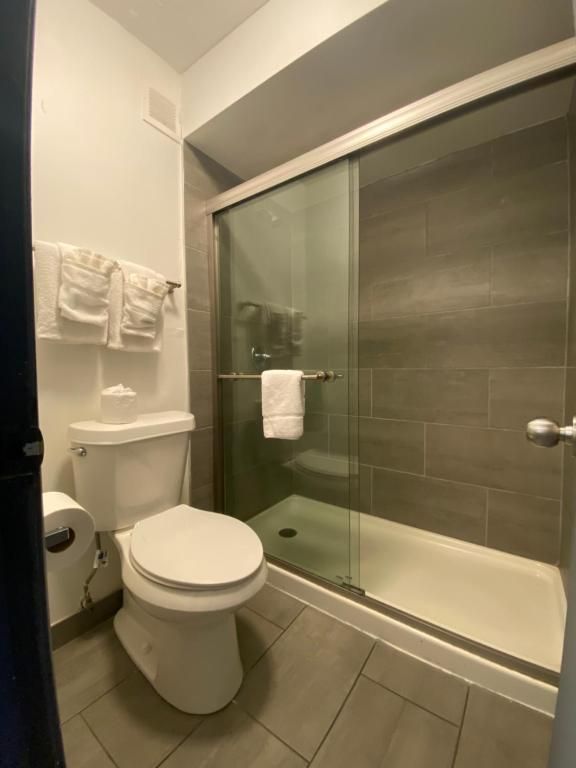 Bathroom with a toilet, shower with a sliding glass door, and towels on a rack.