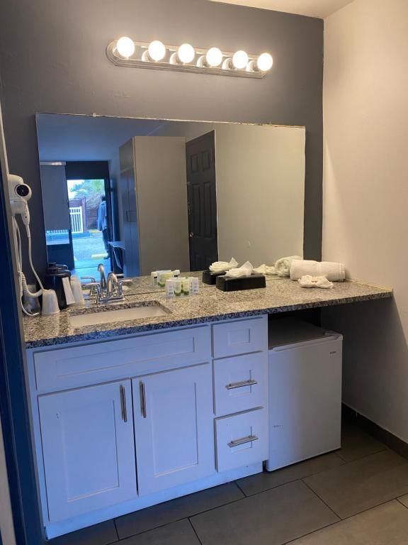 Bathroom with white vanity, large mirror, and overhead lights; a mini-fridge is built into the counter.