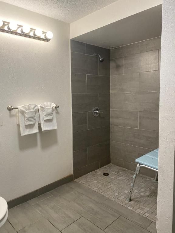 Bathroom with gray tiled shower, grab bar, shower chair, and towel rack.