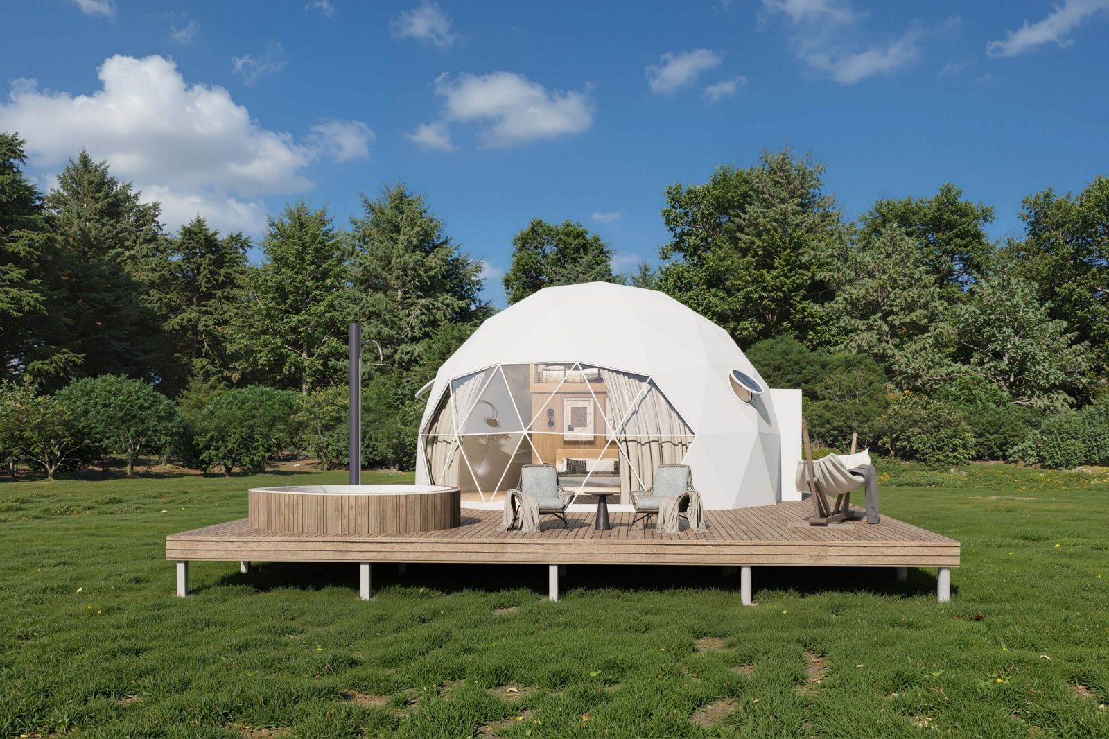 Geodesic dome glamping structure on a wooden deck with hot tub, table, chairs, set in a grassy clearing with trees.