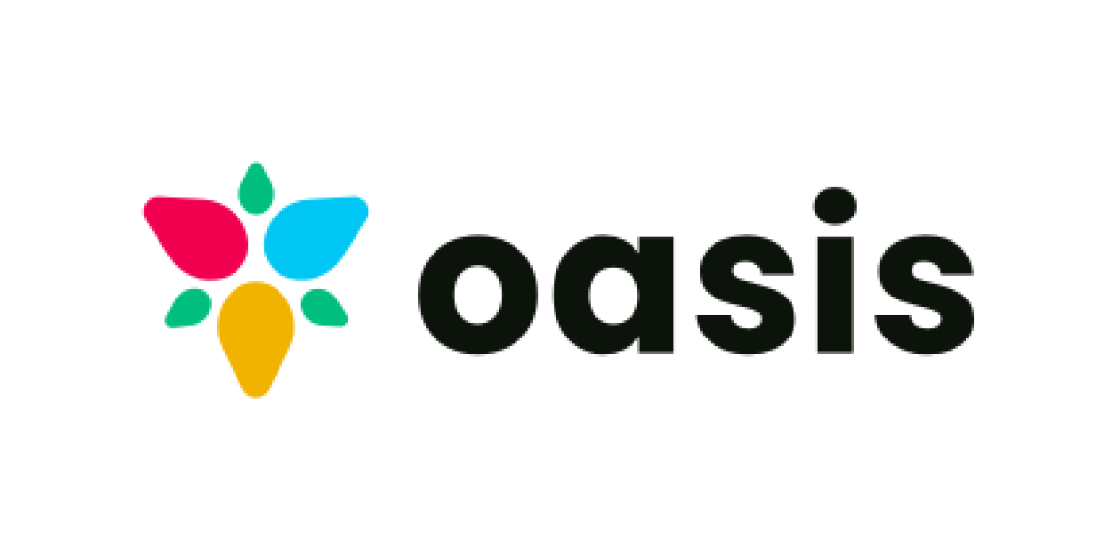 a logo for oasis with a flower in the middle