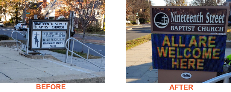 Two images: before and after shots of a church sign. The new sign reads 