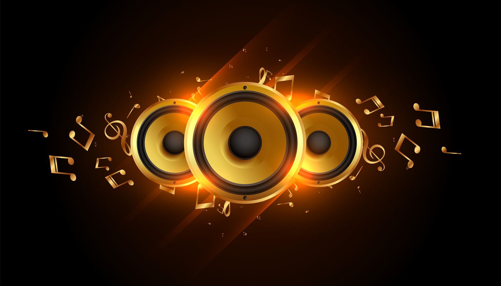 Golden speakers with musical notes on a dark background.