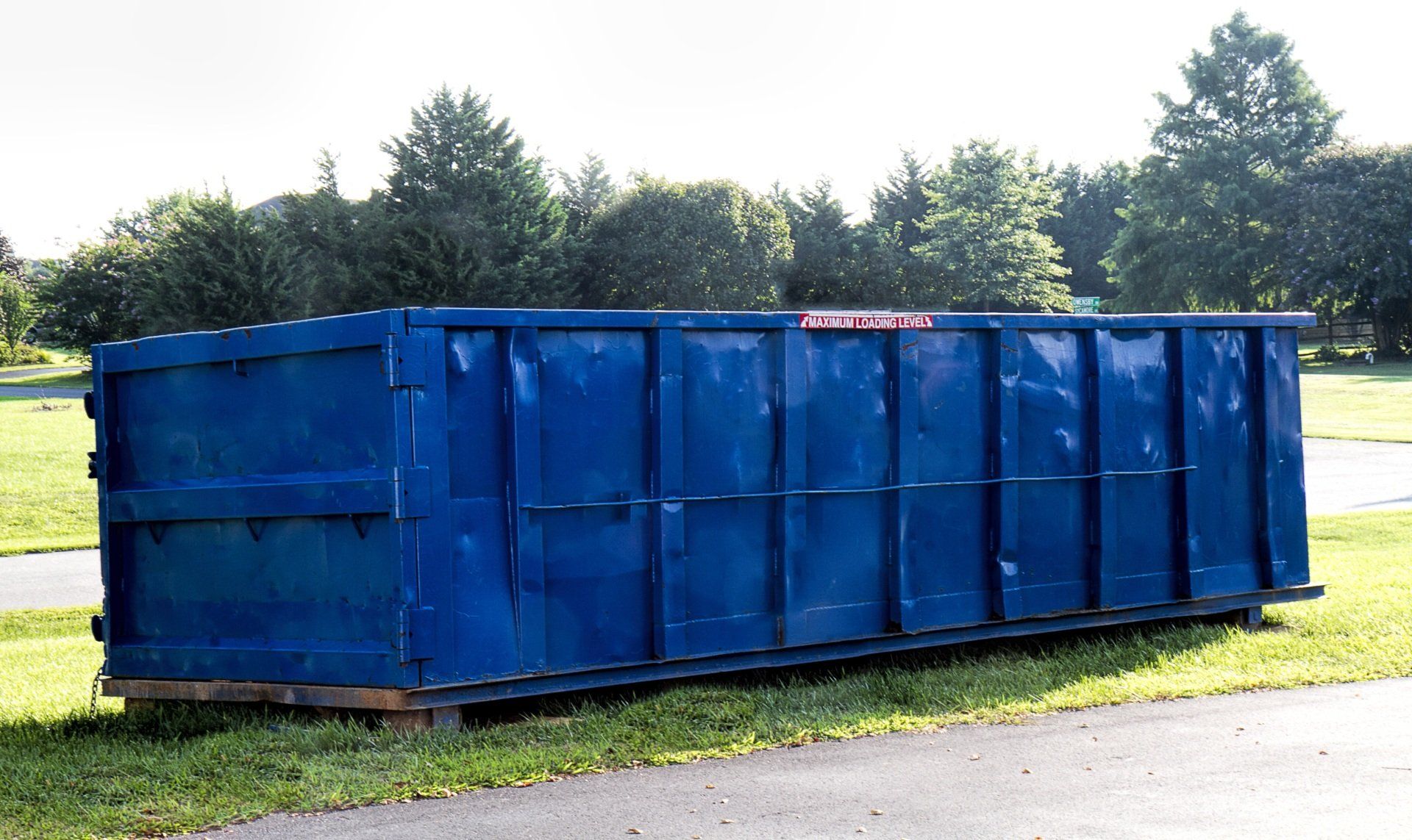 A large blue dumpster is sitting on the side of a road.
