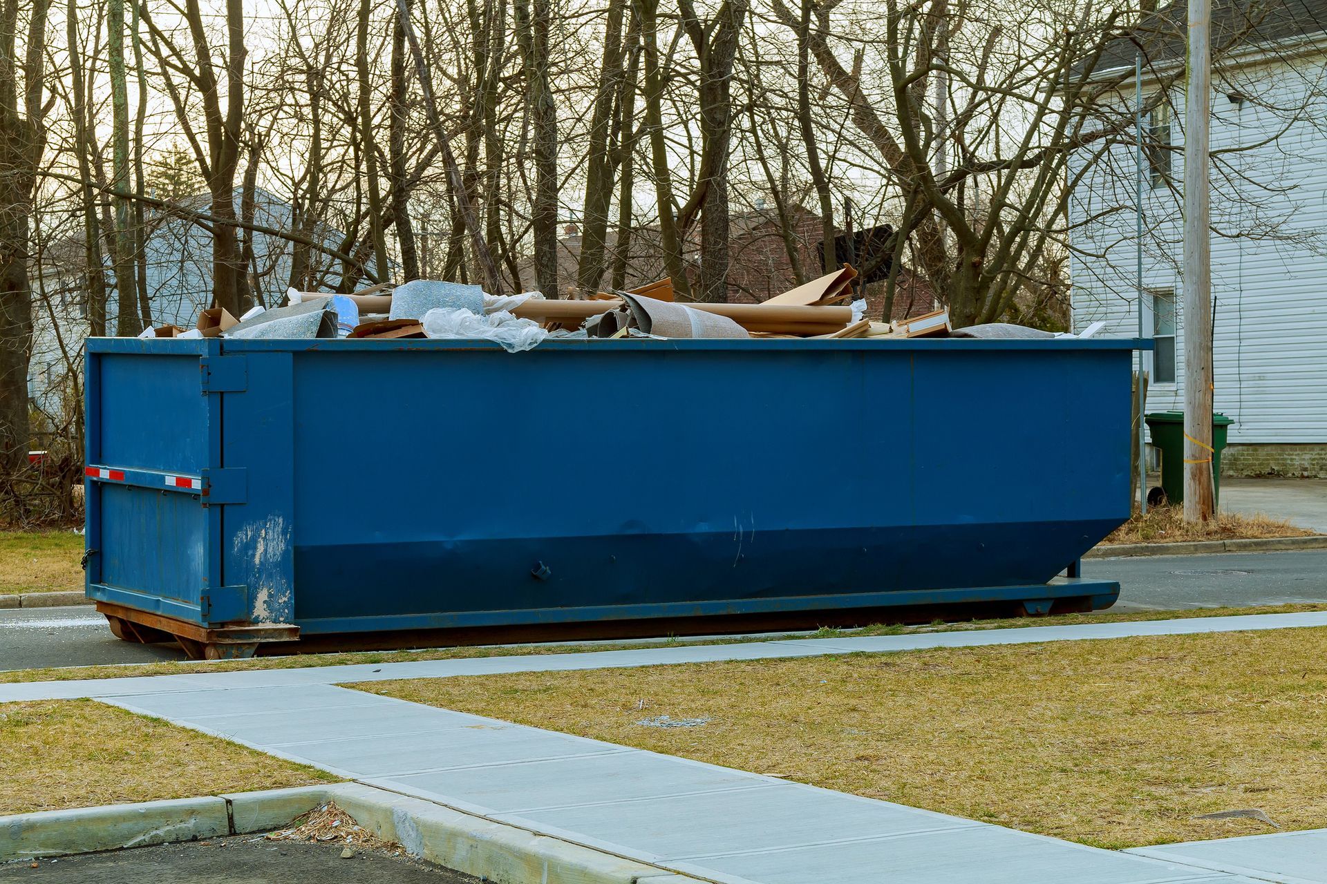 A large blue dumpster is sitting on the side of the road.