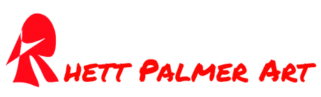 Red stylized logo reading “Rhett Palmer Art” with an abstract figure on the left